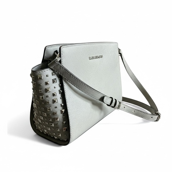 Michael Kors Silver Studded Saffiano Leather Crossbody | Chic & Edgy Glam - Picture 11 of 15